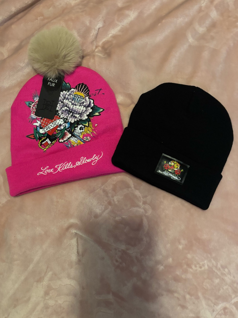 Ed Hardy Kids Black Beanie & Hot Pink Floral Pom Hat